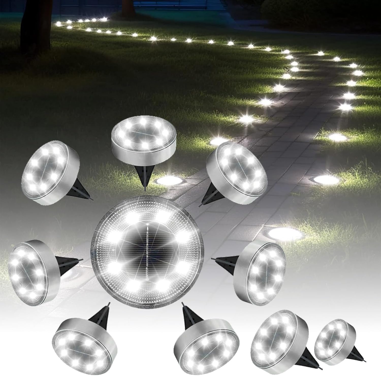 Solar Ground Lights Outdoor, 10 Pack 8 LED Solar Lights Outdoor IP68 Waterproof Solar Disc Lights In-Ground Landscape Lighting Outdoor Lights, Pathway Lights Solar Powered(White)