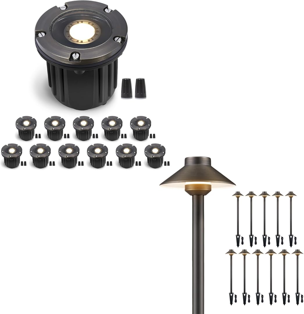 Gardenreet Low Voltage Landscape In Ground Light Bundle, 12-Pack Brass 12V Well Lights Wired, 8-Pack Brass LED Pathway Lights Outdoor, IP65 Waterproof Without Bulb