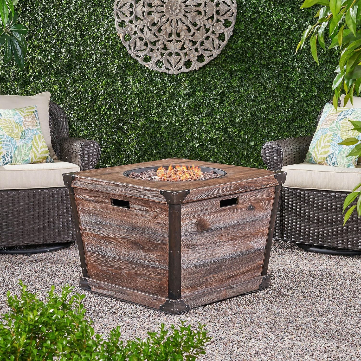Outdoor Patio 24'' H x 32'' W Square Gas Burning Concrete Fire Pit Wood Pattern Brown 40,000 BTU (Tank Inside)