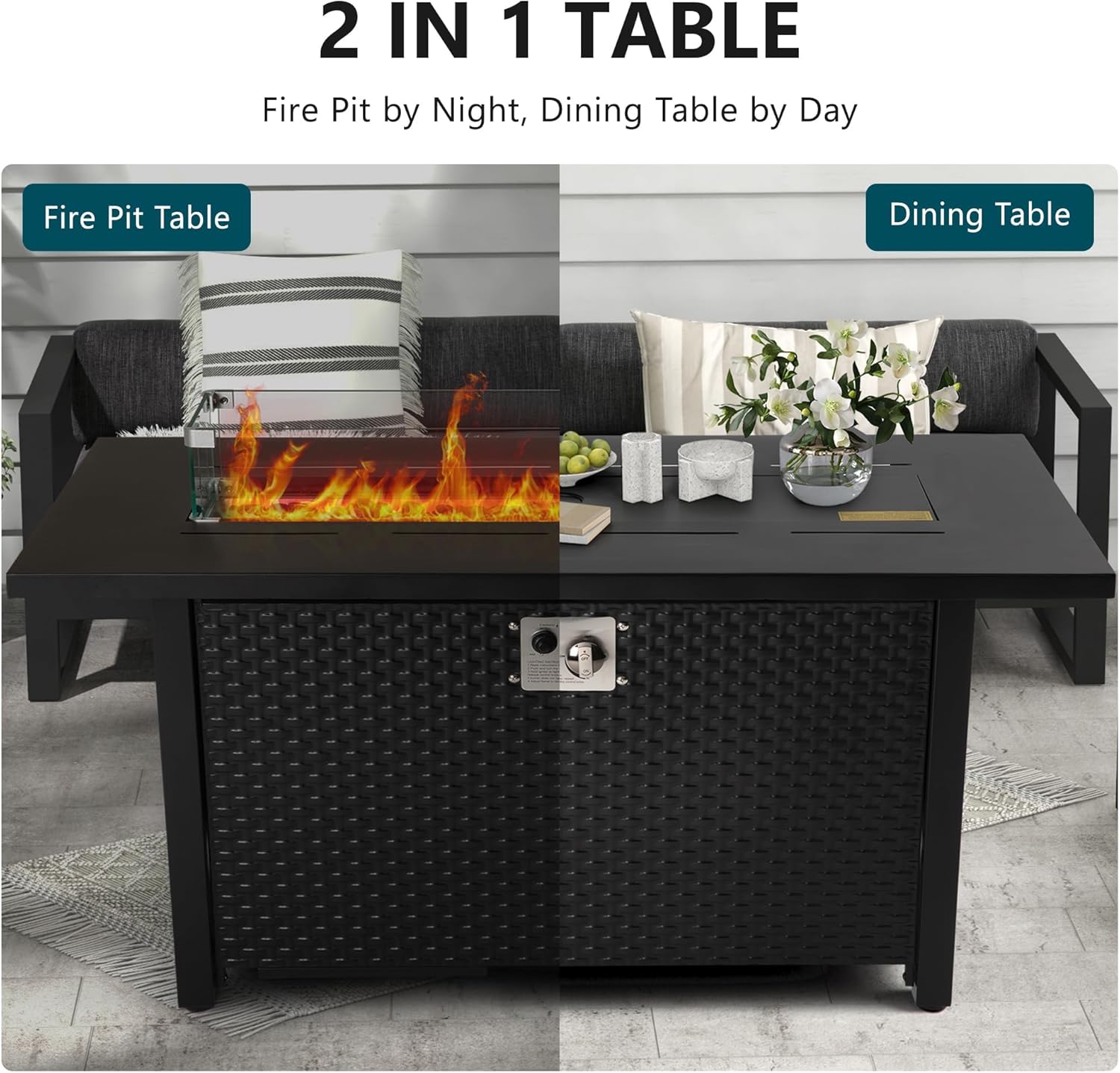 Royalcraft 43?Outdoor Propane Fire Table Set with Heavy-Duty Glass Stones, Glass Wind Guard, Lid & Water-Resistant Cover, Rectangle Fire Pit Table, 50,000 BTU Metal Fire Pit Table for Patio, Deck