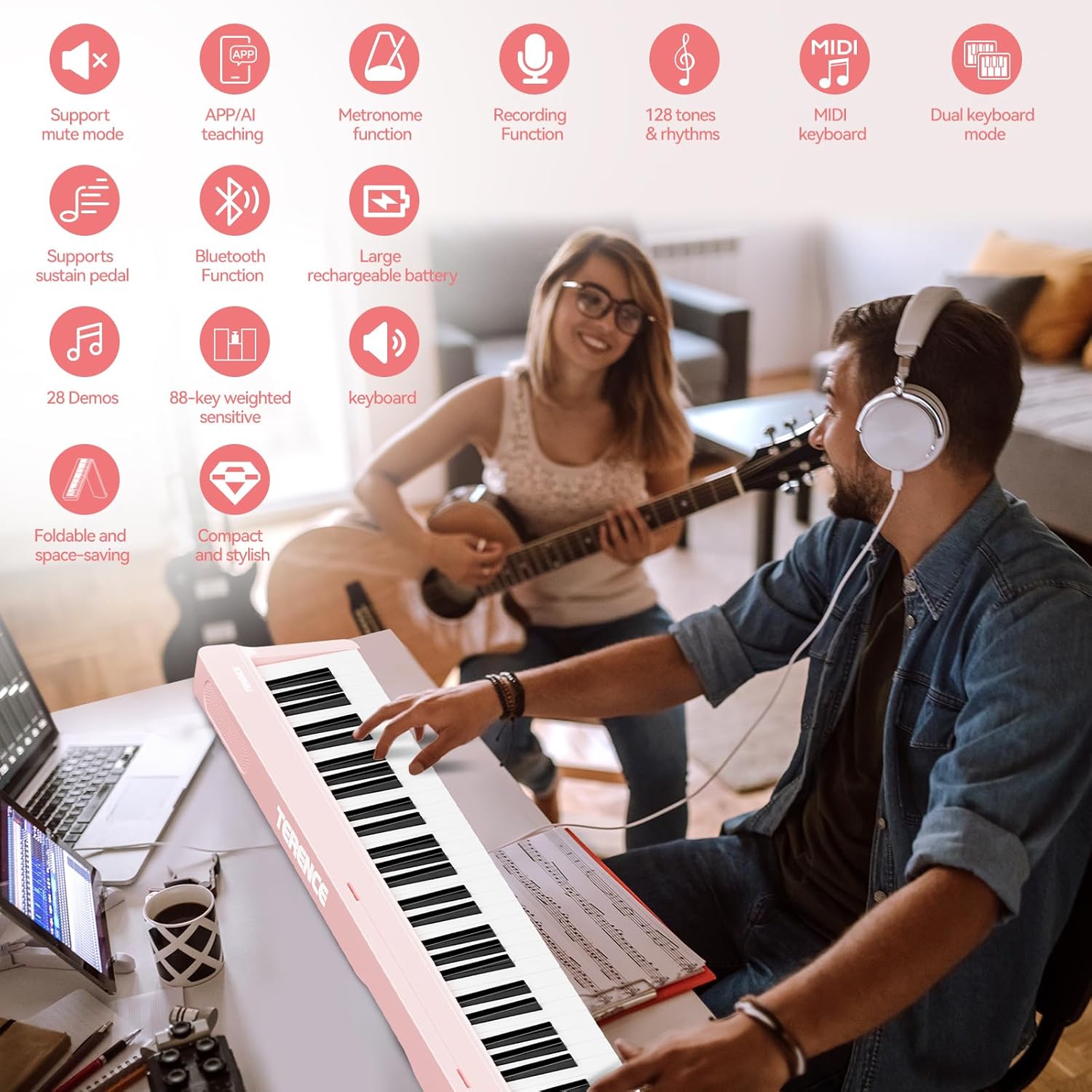 Portable Piano Keyboard Foldable: Portable Keyboard Piano 88 keys Semi-Weighted keyboard with MIDI Bluetooth TERENCE Electric Folding Piano Kit for Adult