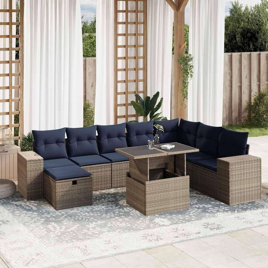 9 Piece Garden Sofa Set with Cushions, Grey Poly Rattan Outdoor Patio Furniture, Adjustable Dining Table, UV-Resistant, Modular Design