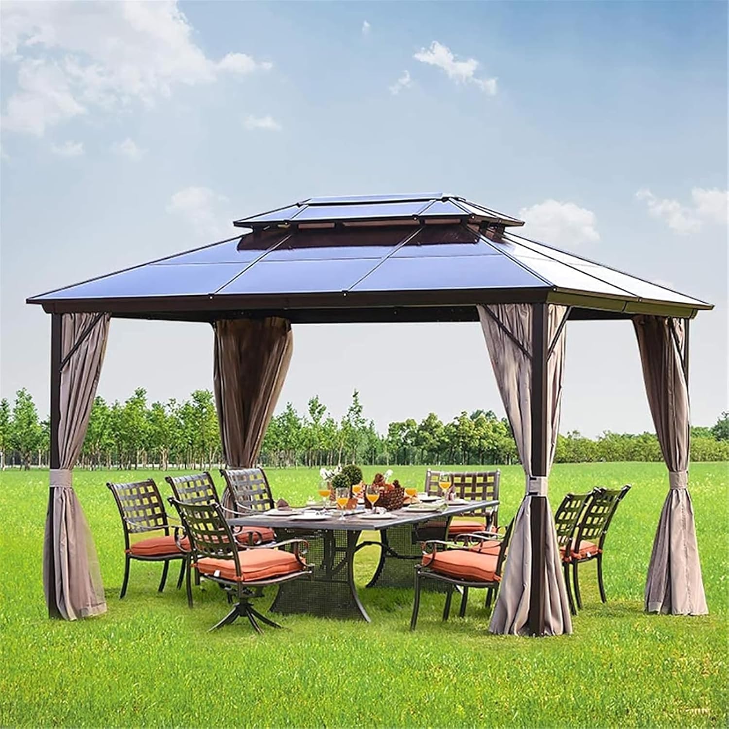 Outdoor Pergola Aluminum Patio Gazebo Pavilion, Garden Canopy with Net Sidewalls, Waterproof Sun Shelter for Backyard, Courtyard, Villa Or BBQ Area