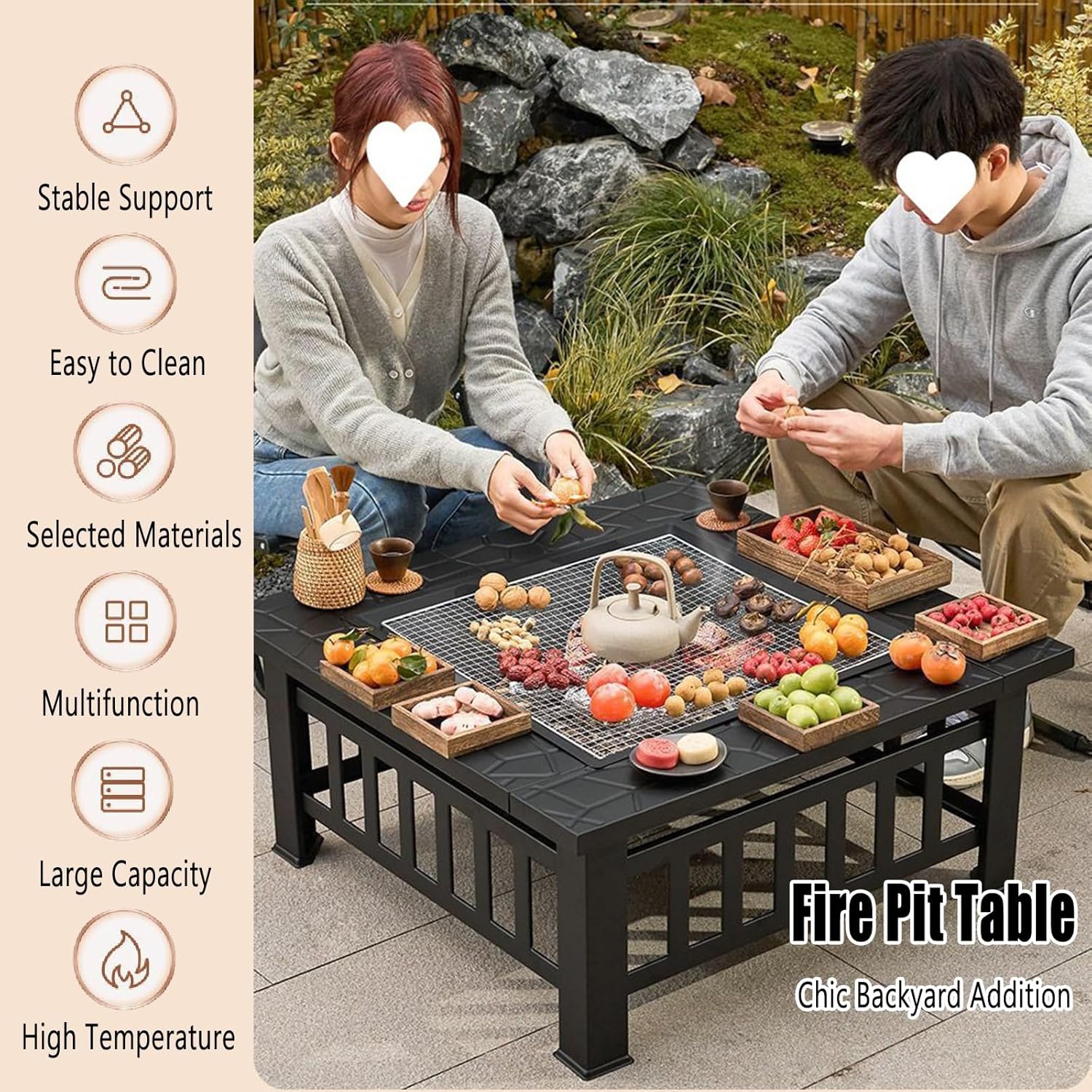 TemkIN Patio Big Fire Pit Table, Heavy Duty Metal Fire Pits with Fire Poker and Spark Screen Lid, Wood Burning Fire Table for Backyard Patio Garden Picnic Camping Bonfire, Black