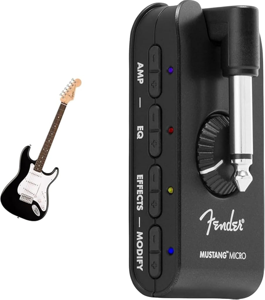 Fender Squier Debut Series Stratocaster Electric Guitar, Beginner Guitar, Black with Matte Finish + Fender Mustang Micro Headphone Amplifier