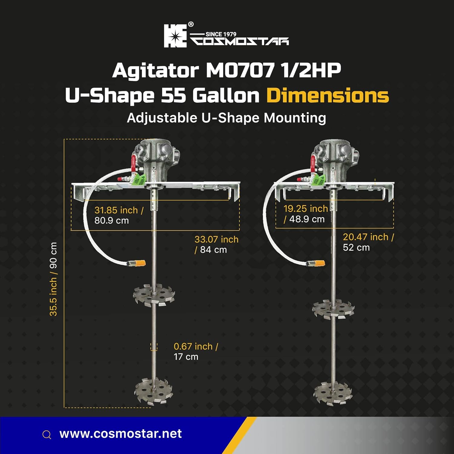 COSMOSTAR 1/2HP 55 Gallon Pneumatic 55 Gallon Agitator Adjustable Drum Bucket Paint Mixer| Pneumatic Bracket Mixer, Paint Stirring Machine Bracket Air Agitator Paint Mix Tool, Tank Barrel Air Mixer