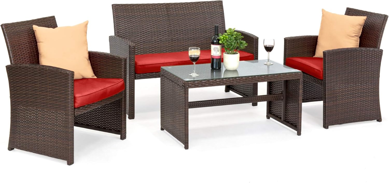 Best Choice Products 4-Piece Outdoor Wicker Patio Conversation Furniture Set for Backyard w/Coffee Table, Seat Cushions - Brown/Red