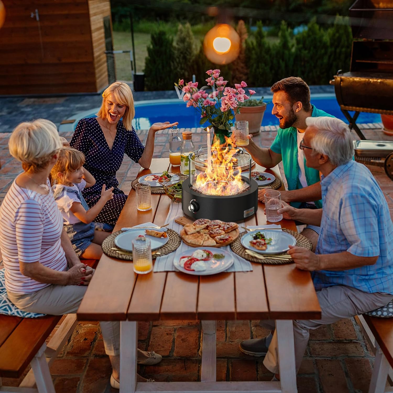 ONLYFIRE OUTDOOR LIVING Tabletop Propane Gas Fire Pit Side-Mounted, Portable Smokeless Gas Firepit with Glass Wind Guard & Lava Rocks for Patio Backyard Camping Bonfire RV Tailgating, Round FP038