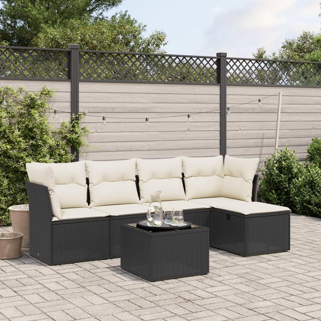 6-Piece Modular Garden Sofa Set Black, Cream White, UV-Resistant Synthetic Poly Rattan Patio Furniture for Outdoor Lounging & Dining