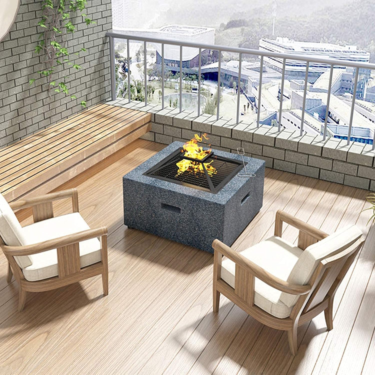 Small Firepit, Fire Pit with BBQ Grill Shelf, for Garden Patio Outdoor, Fire Bowl Out of Steel with an Edging of Artificial Stone with Waterproof Cover