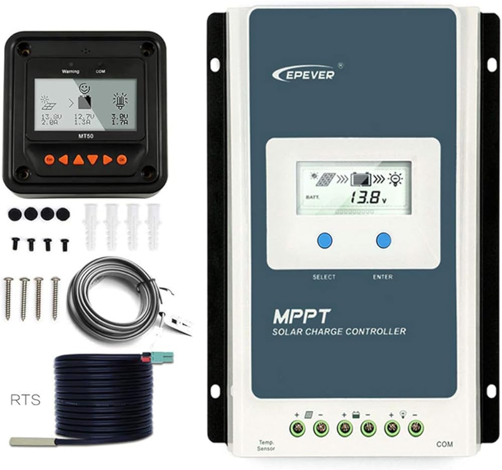 EPEVER MPPT Solar Charge Controller 40A 100V MaxInput Voltage Negative Grounded Tracer 4210AN + Remote Meter MT50+ RTS with Backlight LCD Display for Gel Sealed Flooded Lithium Solar Battery Charger