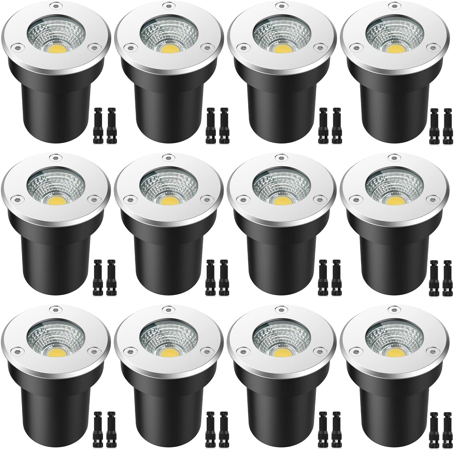 LED Landscape Lights, 12 Pack 7W Ground Lights With 24 Connectors, Low Voltage In-Ground Well Pathway Lighting, Daylight White, Waterproof for Driveway, Deck, Garden