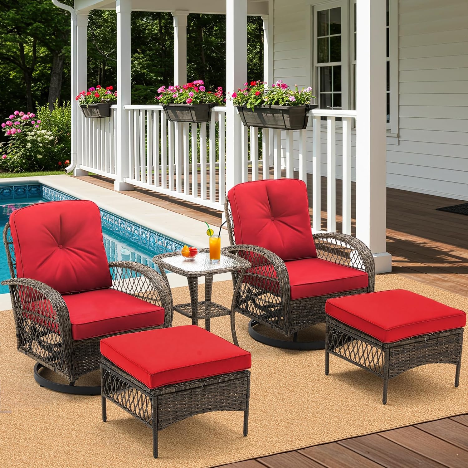 MELLCOM 5 Pieces Patio Furniture Set, Outdoor Swivel Rocker Patio Chairs, Wicker Patio Bistro Set with Rocking Chair, Thickened Cushions, Glass Coffee Table and Ottomans for Backyard, Garden, Wine Red