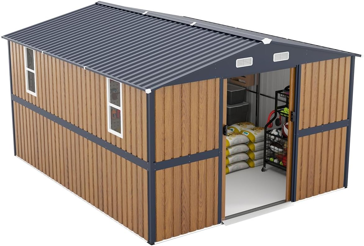 10 FT X 12 FT Outdoor Steel Storage Shed with Lockable Doors, 2 Windows, Garden Shed Ideal for Backyard, Patio Storage, Chicken Coop(Wood Panels & Frame Floor Not Included)