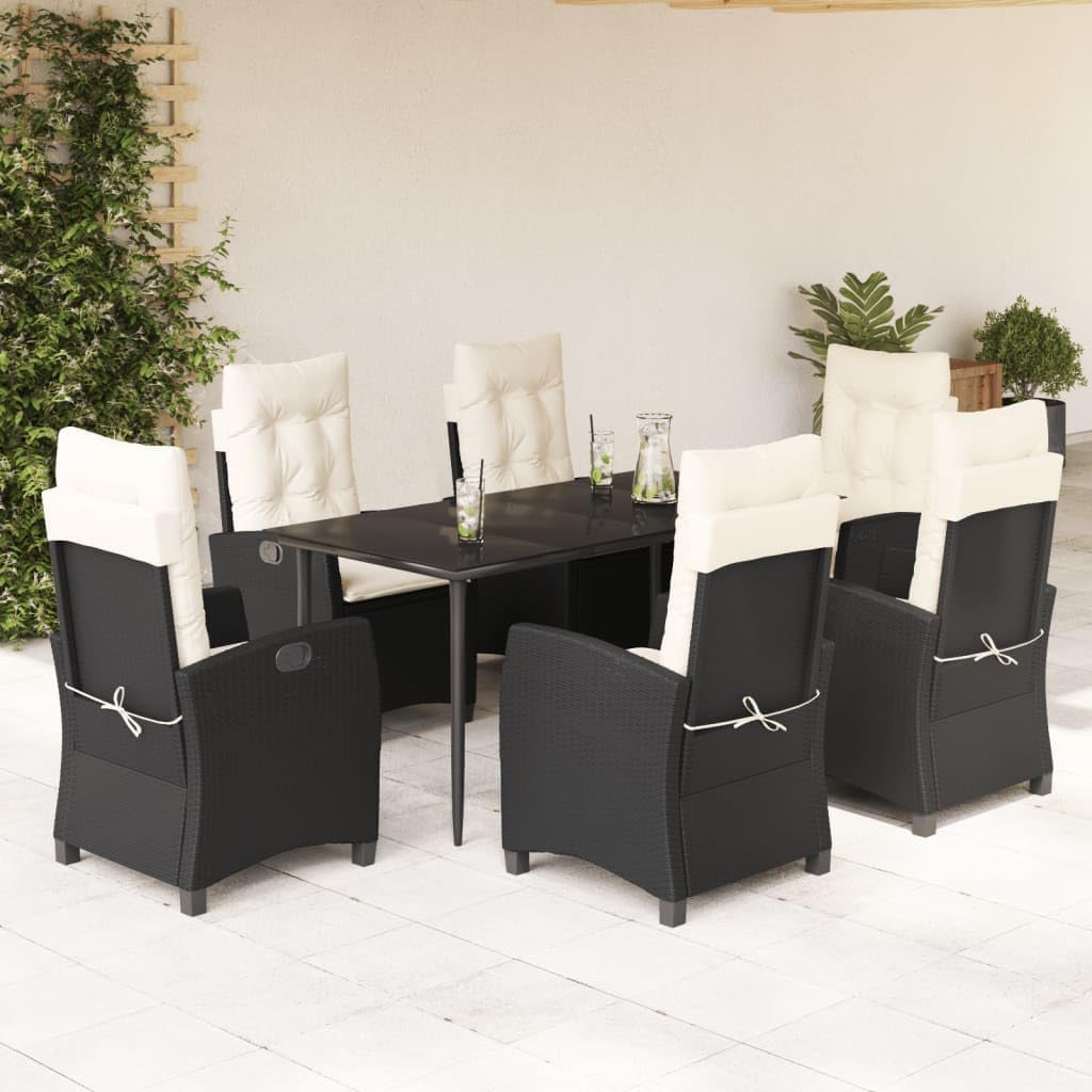 7 Piece Patio Dining Set with Cushions Black Poly Rattan Garden Furniture