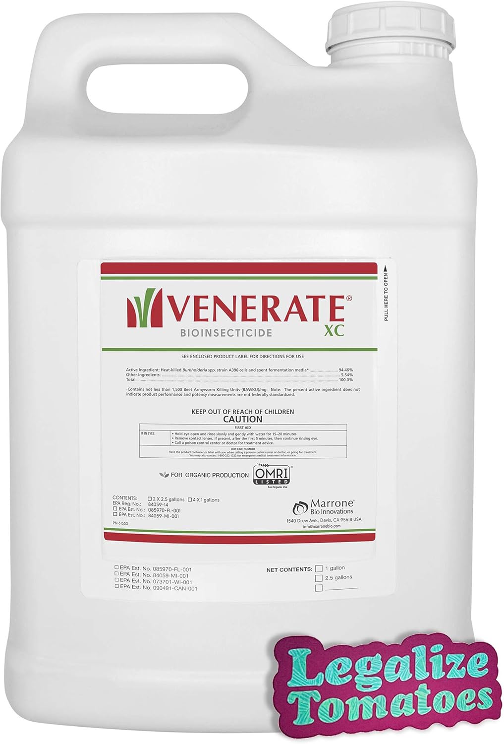 Venerate XC Bioinsecticide 2.5 Gallon - insecticide for Mites, Thrips, Aphids, Borers, Whitefly, Leafhoppers on Grapes, Strawberries, Potatoes, Citrus | Includes Legalize Tomatoes Sticker
