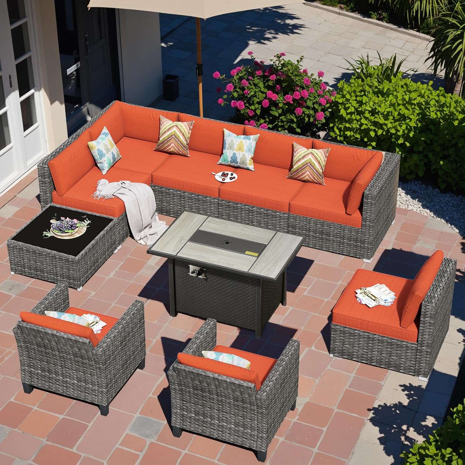 10 PCS Patio Outdoor Furniture Set w/Fire Pit Table,All Weather Wicker Outdoor Seating Sectional Sofa Set,Patio Outside Conversation Sets for Deck Yard Porch,Orange Red