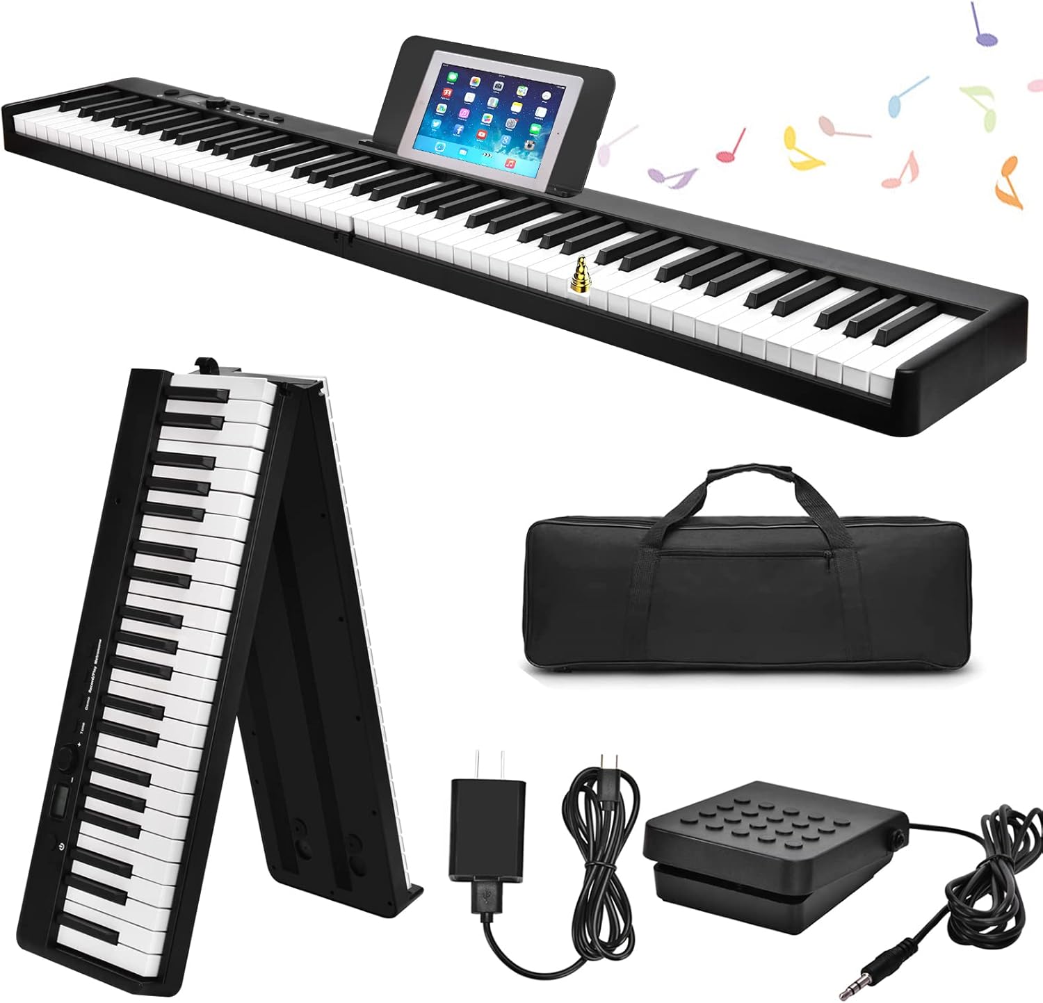 88 Key Foldable Digital Piano Keyboard,Full Size Semi Weighted Keys Bluetooth Keyboard Portable Electronic Piano with Pedal, piano bag,charger,Bluetooth MIDI,music stand for all ages