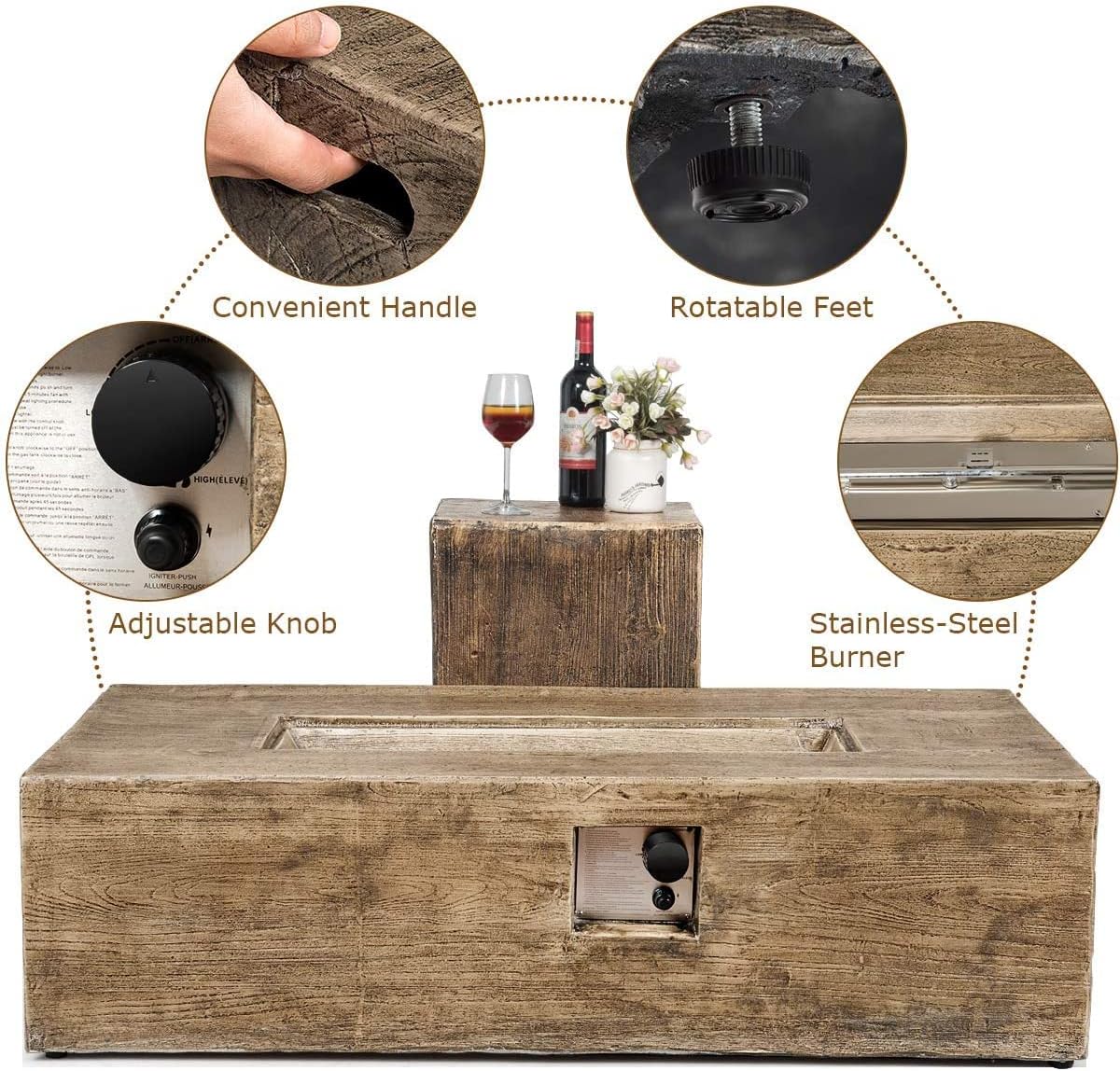 Topment 48-Inch Propane Fire Pit Set, 50,000 BTU Rectangular Gas Fire Pit Table with Lava Rocks, Waterproof Cover, Patio Rustic Outdoor Fireplace with Adjustable Flame, Propane Tank Holder Included