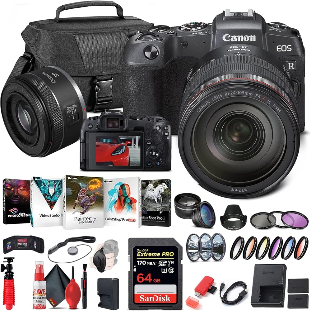 Canon EOS RP Mirrorless Digital Camera with 24-105mm Lens (3380C012) + Canon RF 50mm f/1.8 STM Lens + 64GB Memory Card + Color Filter Kit + Case + Filter Kit + Photo Software + More (Renewed)