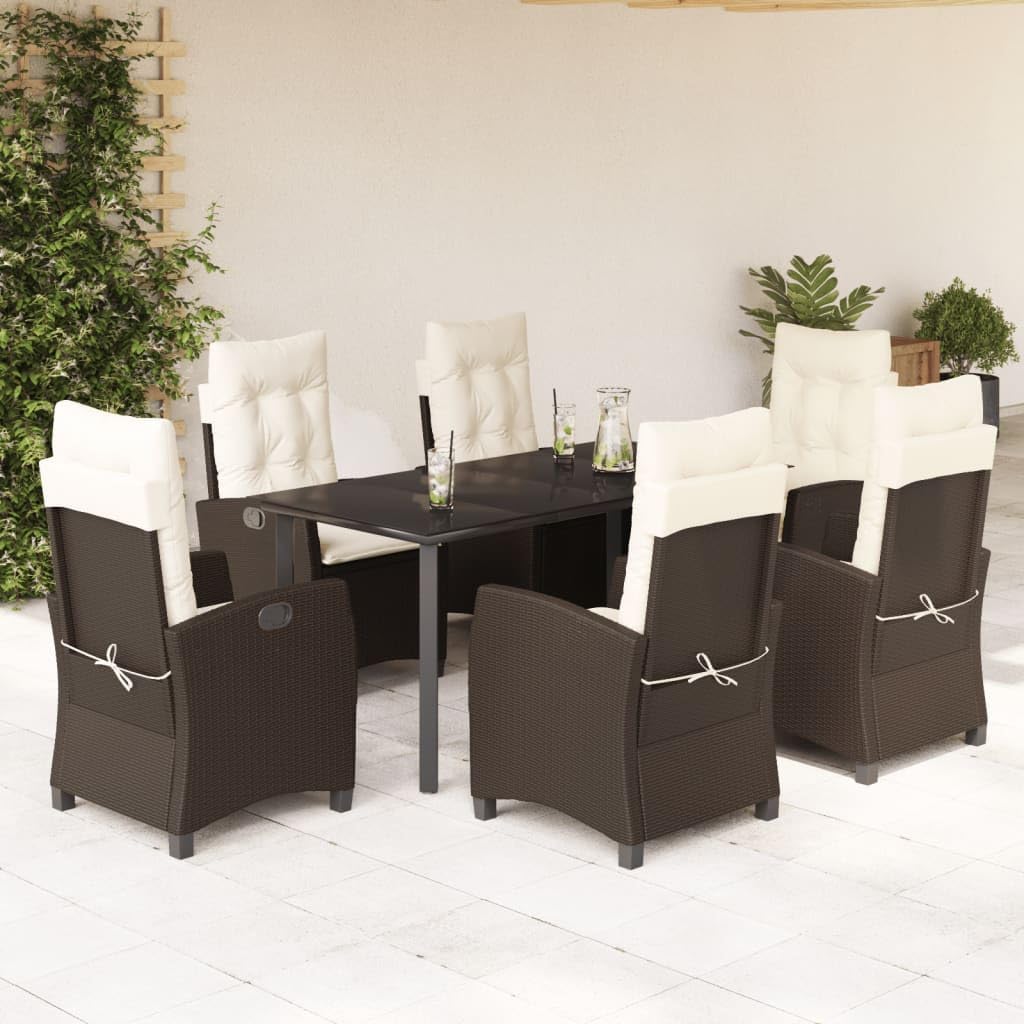 7-Piece Garden Dining Set, Brown PE Rattan, Large Multi-Position Backrest, Outdoor Table and Chairs, Patio Furniture Set for 6 People