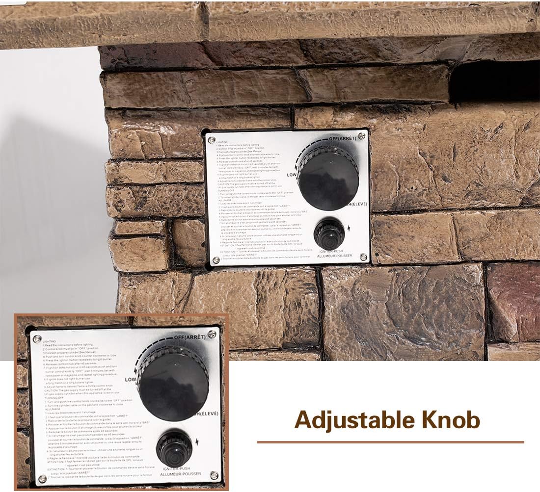 AQUILLA Outdoor Fire Pit w Stone Imitation Surface, 32 inch Square Table, 50,000 BTU Stainless Steel Burner, Free Lava Rocks, 20 Gal Propane Tank Could Set Inside (exclude) for Backyard