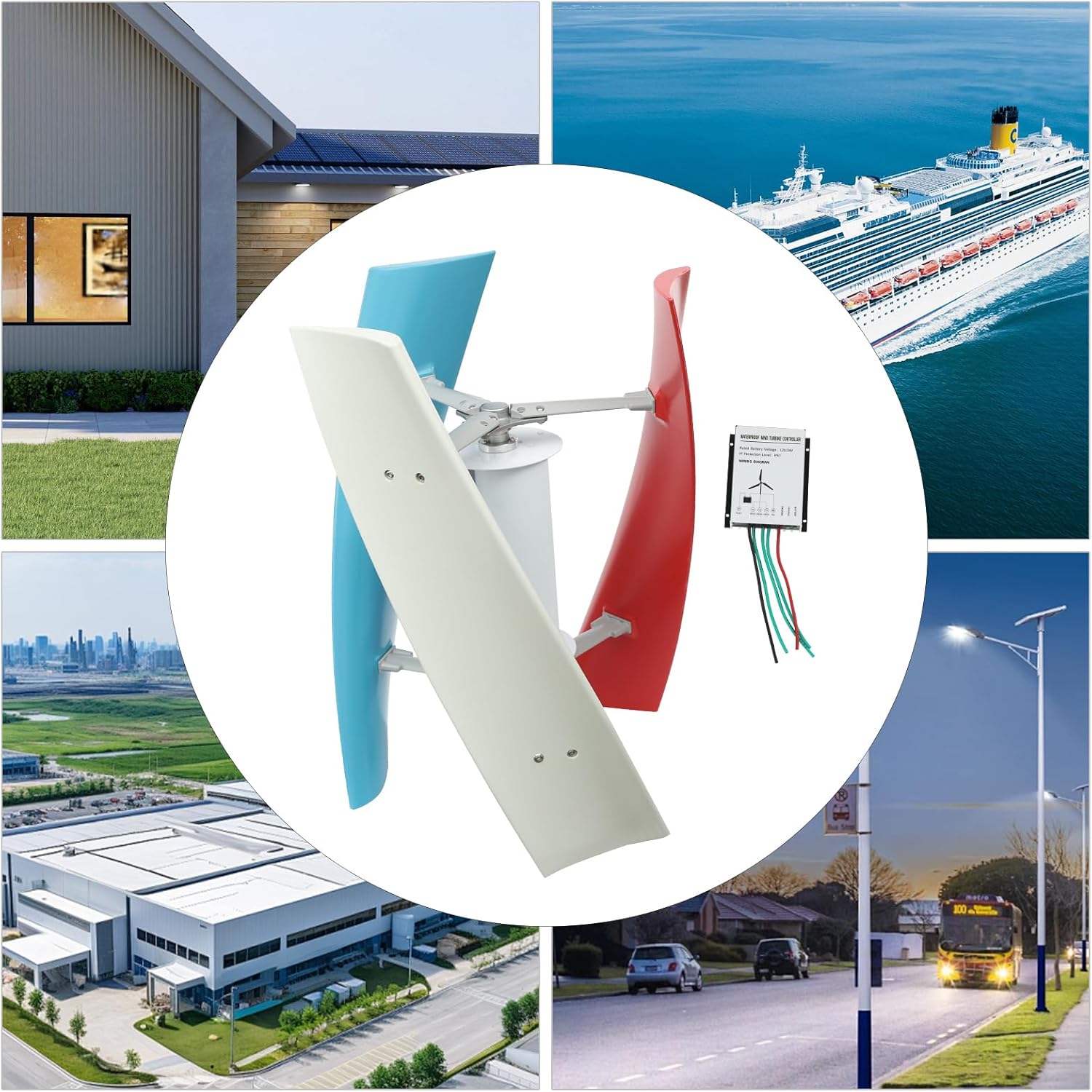 24V 100W Vertical Wind Generator, Top of Pole Mount Generators Windmill with Controller and 3 Colorful Fan Blades, Wind Energy Generator for Energy Supplies in Homes, Businesses, and Industries