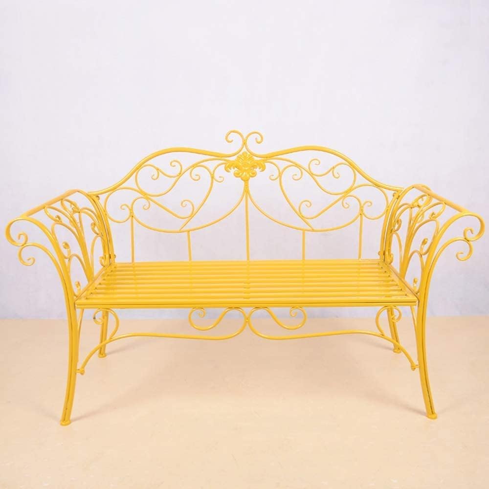 Outdoor Garden Bench, Patio Porch Chair Furniture, Garden Decoration Terrace Park Bench, Balcony Leisure Metal Bench with armrests and backrest, Courtyard Seating with cast Iron Frame(Yellow)