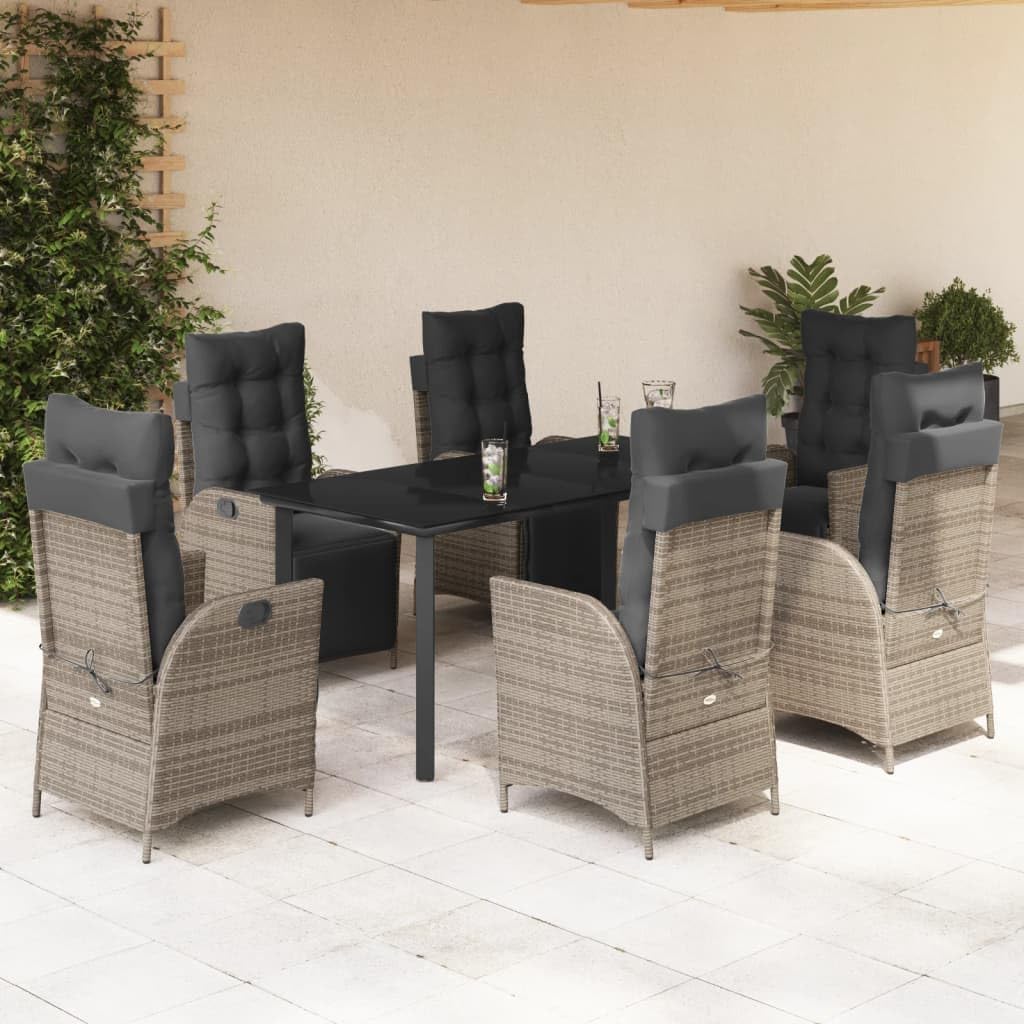 7 Piece Patio Dining Set with Cushions Gray Poly Rattan,Outdoor Patio Dining Set: Comfortable Reclining Rattan Chairs with Adjustable Backrests and Footrests Furniture Sets for Patio, Lawn & Garden