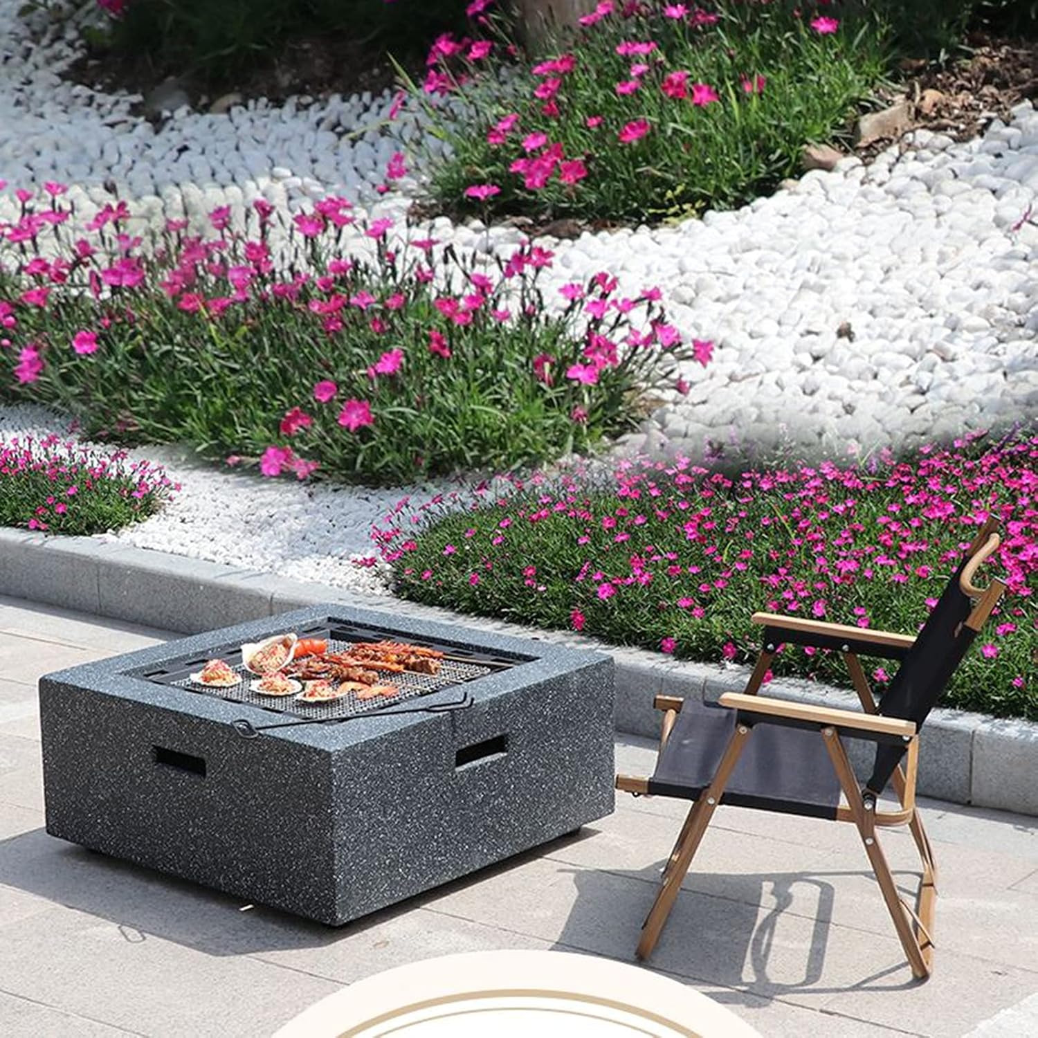 Wood Burning Fire Pit BBQ Grill Firepit Bowl Outdoor Fire Pit Table Concrete Round and Wood Burning Fire Pit 3 in 1 Fireplace for Bonfire Barbecue in The Wild