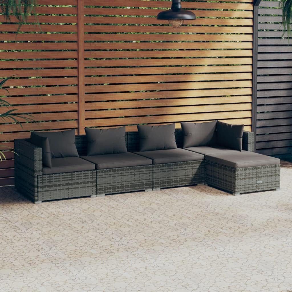 5 Piece Patio Lounge Set with Cushions Poly Rattan Gray,Elegant Patio Lounge Set: Versatile, Durable, and Comfortable Patio Furniture Sets, Outdoor Furniture Sets