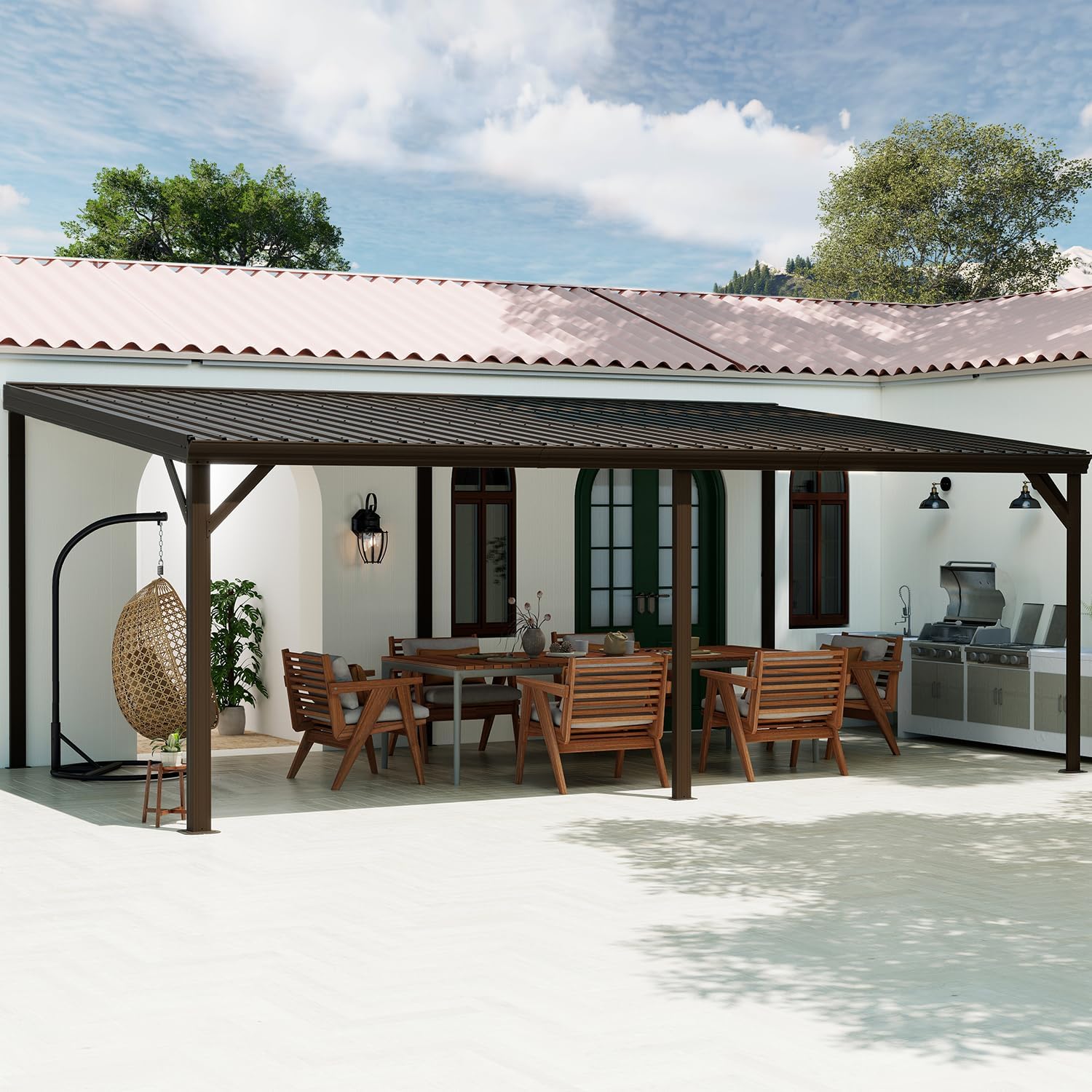 Domi 12'x20' Hardtop Lean to Gazebo with Gutters, Connectable Wall Mounted Gazebo Pergola with Galvanized Steel Roof, 60MPH Wind Resistance, Outdoor Large Metal Canopy, for Patio, Deck, Lawn - Brown