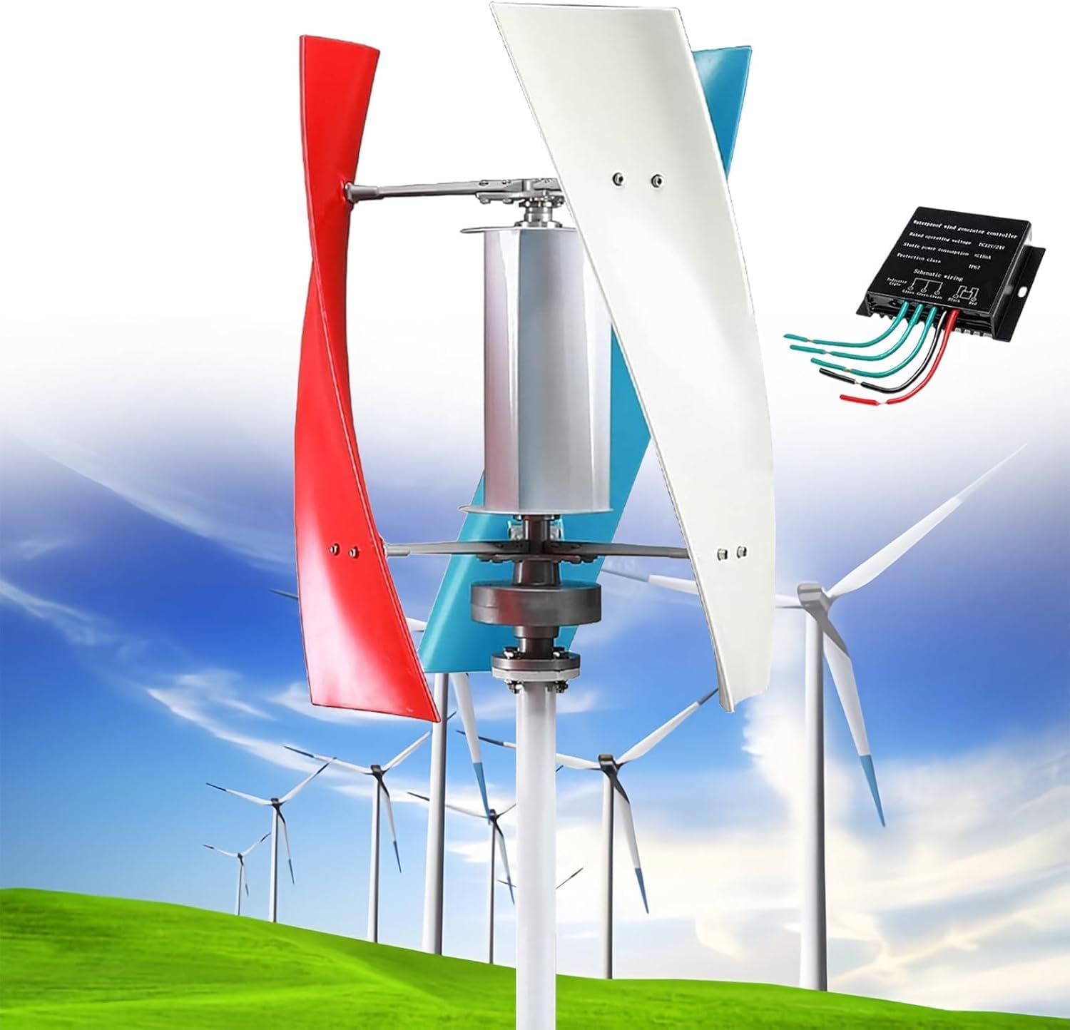 CAJUCA 9000W Vertical Wind Turbine Generator Kit, 3 Blades Helical Magnetic Levitation Shaft Vertical Wind Turbine with MPPT Controller
