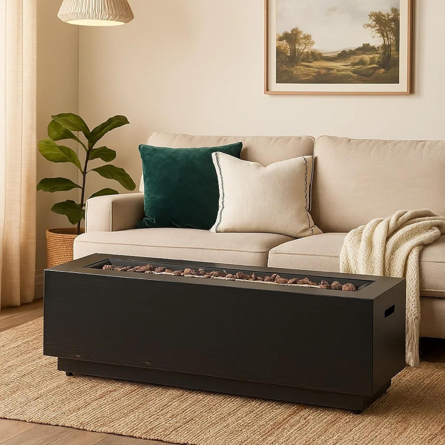 Benjara Outdoor Fire Pit, Dark Brown, Gold Iron Frame Rectangular 48 Inch