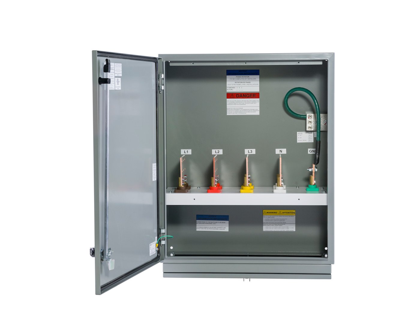 Compact Generator Docking Station, 400 Amp, 277/480 Volts -3 Phase 4 Wire, NEMA 4/12 CAM Lock Input, Series 16 CAM connectors, Color Code BRN/ORG/YEL/WHT/GRN, Portable Power Solution