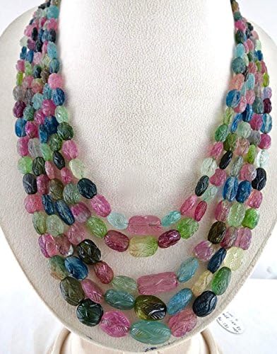 5 Line Natural Certified Multi Tourmaline Carved Long Beads Necklace 19 INCH 18.5MM to 8.5MM