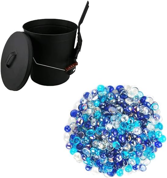 Uniflasy Ash Bucket with Lid, Shovel and Hand Broom, 5.2 Gallon Metal Coal Ash Bucket and Blended Fire Glass Rocks Beads for Outdoors and Indoors Propane Firepit
