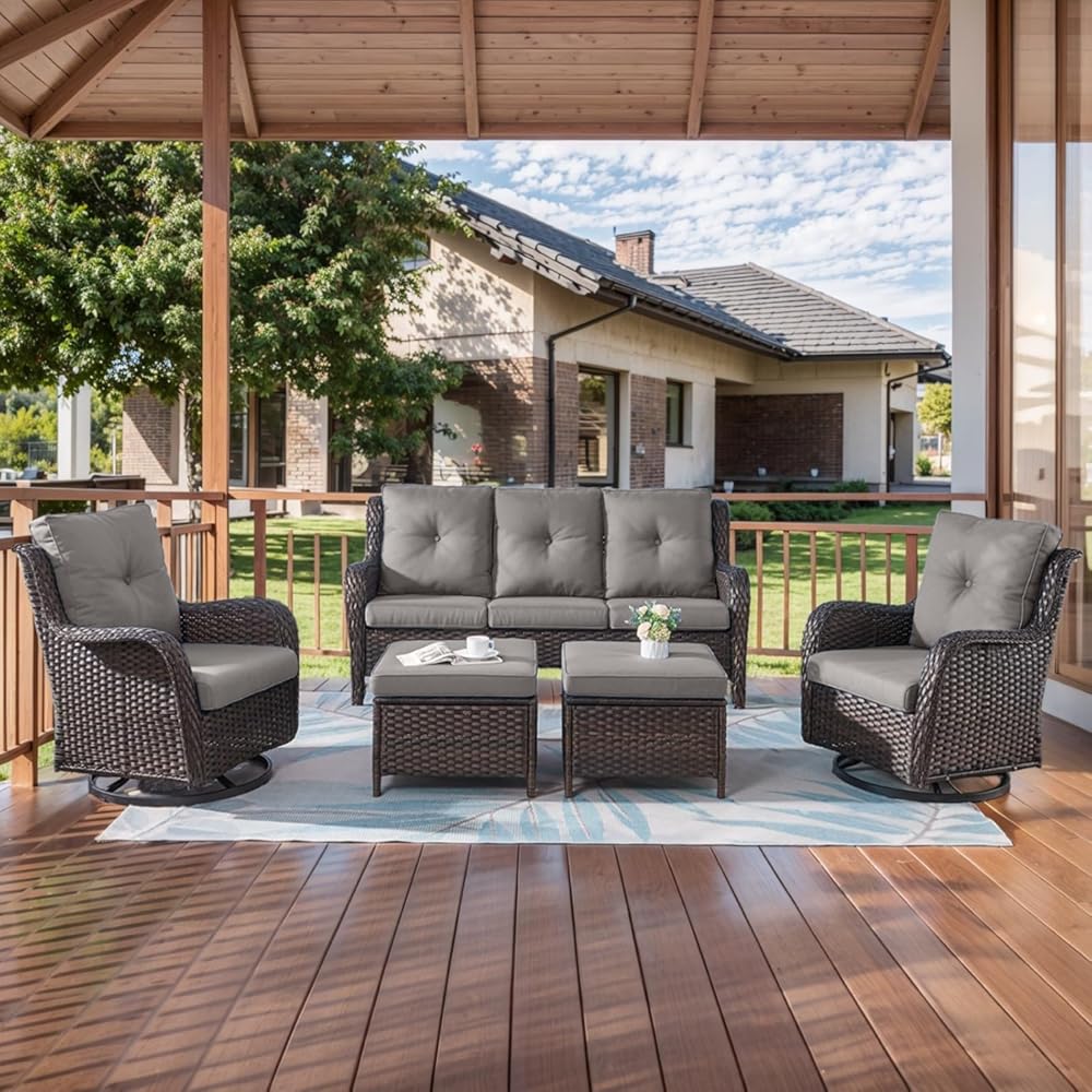HUMMUH Patio Furniture 5 Pieces Outdoor Furniture Set Wicker Outdoor Sectional Couch with Patio Swivel Rocking Chairs,Ottomans for Patio