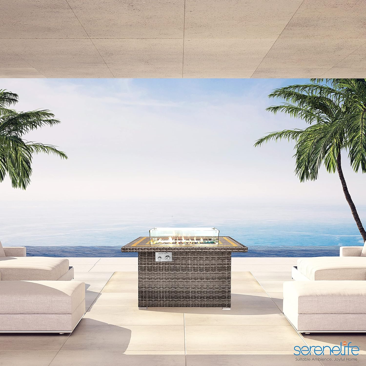 SerenelifeHome Outdoor Propane Fire Pit Table- 50,000 BTU Auto-Ignition Gas Fire Pit w/Glass Wind Guard, Mosaic Tabletop with PE Rattan Base