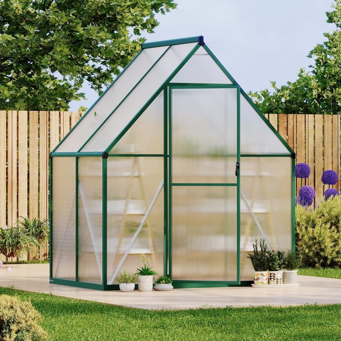 6 x 4 FT Walk-in Outdoor Polycarbonate Greenhouse with Aluminum Frame, Large Garden Green House with Lockable Push Door, Adjustable Roof Vent & Stable Base for Backyard Growing, Green