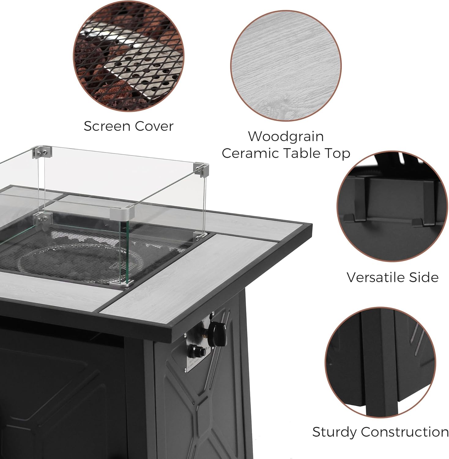 28 Inch Outdoor Fire Table with Ceramic Tile Tabletop Square Propane Fire Pit Table 50,000 BTU Gas FirePit Fire Table with Glass Wind Guard(L) Waterproof Cover Gloves Steel Lid and Lava Rock