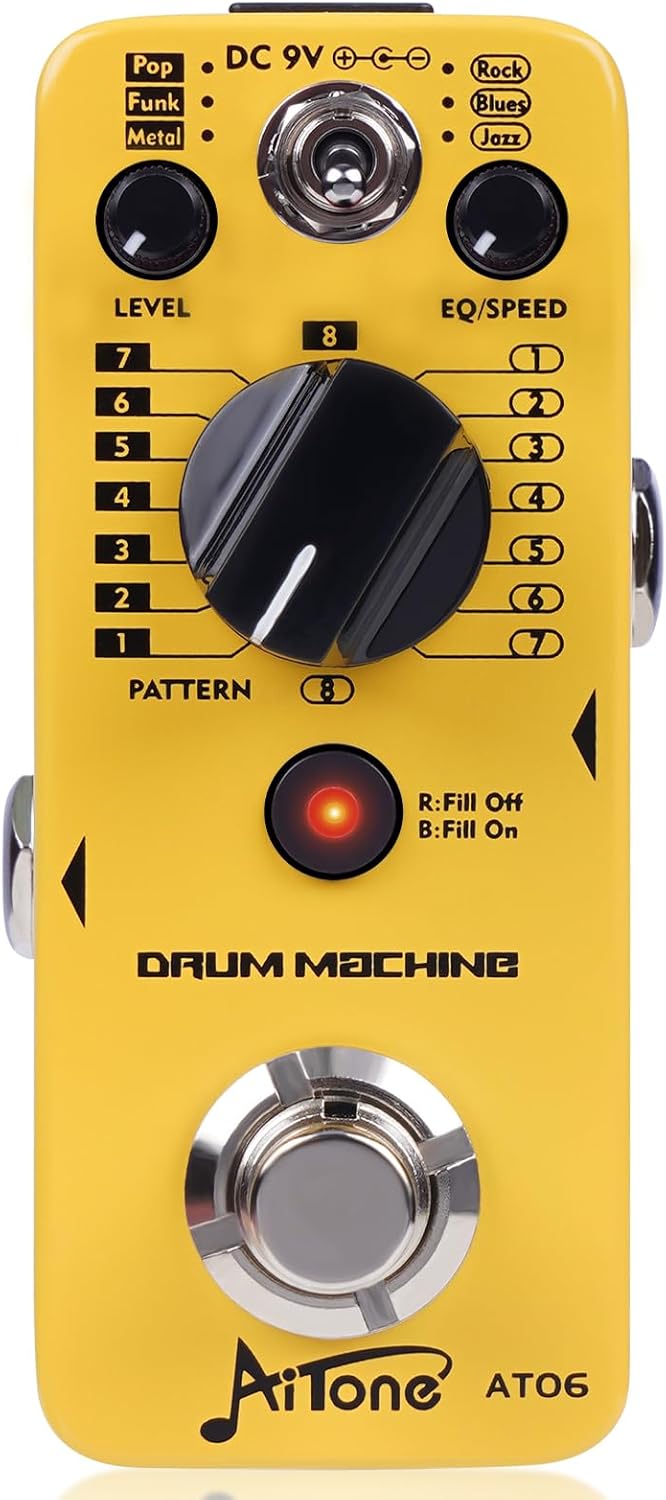 AITONE Drum Machine Guitar Pedal with Real-Time Fill Function 48 Drum Grooves 6 Music Styles & Tap Tempo EQ Presets for Electric Guitar (AT-06)
