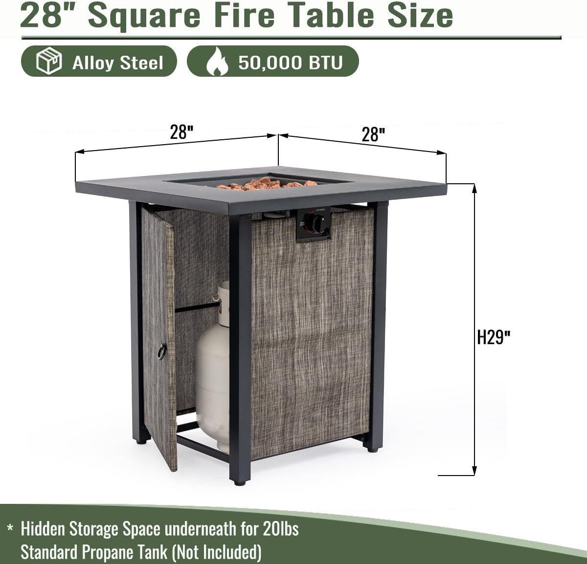 28 Inch Propane Fire Pit Table 50,000 BTU Propane Heater Outdoor with Waterproof Cover Hidden 20lb Tank Storage Alloy Steel Tabletop Fire Pit for Patio Backyard Deck
