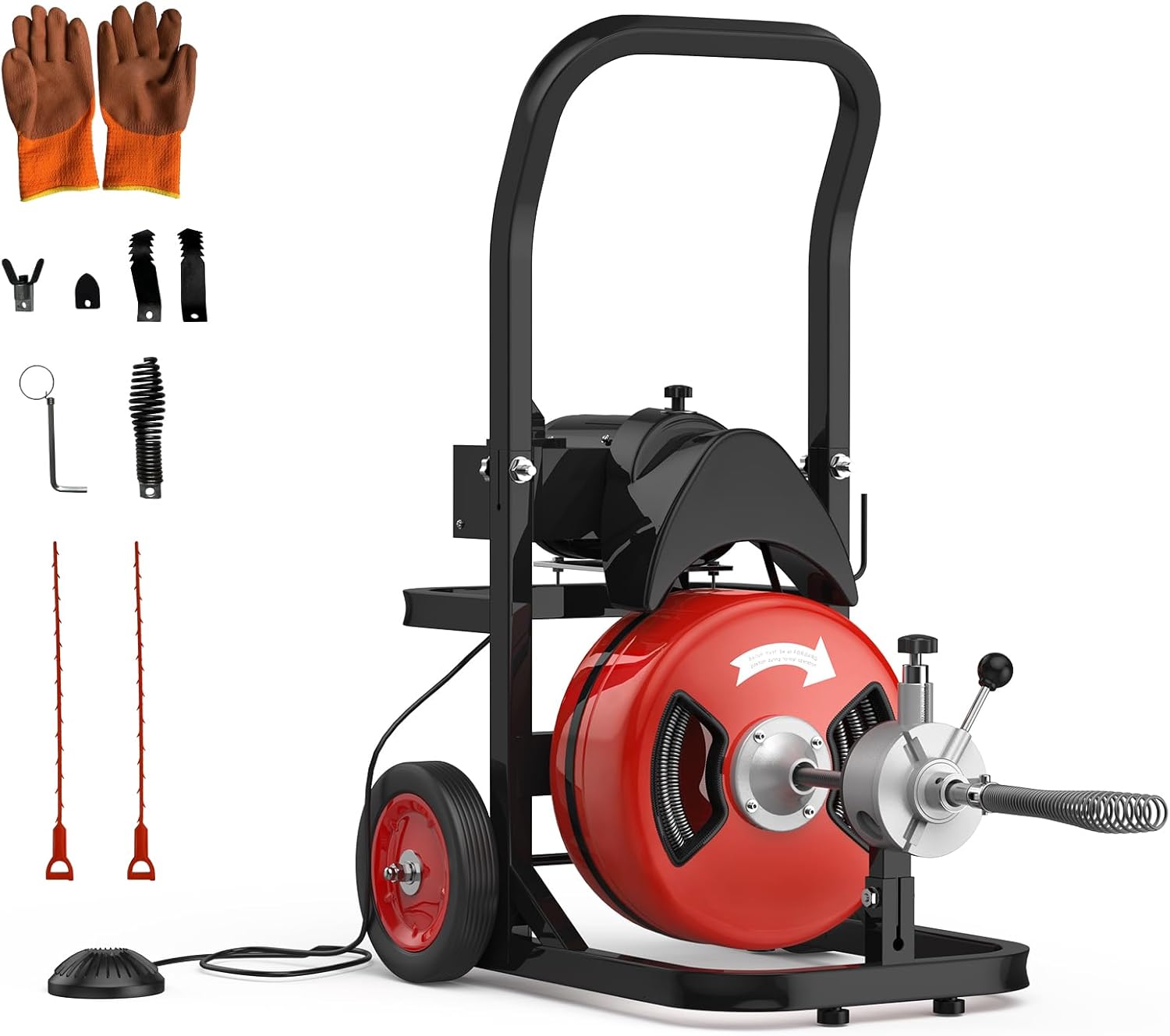 Drain Cleaner Machine, 100FT x 1/2 Inches Auto Feed Sewer Snake Auger, Sewer Snake with 4 Cutters and Pneumatic Foot Switch, for 2