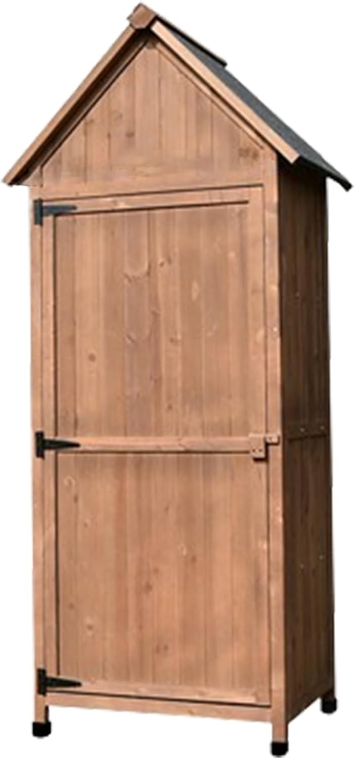 Outdoor Storage Shed with Floor, Wooden Outdoor Storage Cabinet, Fir Wood Garden Storage Cabinet Outside Vertical Unit Tool Lockers with Shelves, Door, Waterproof Roof (One Color Brown)