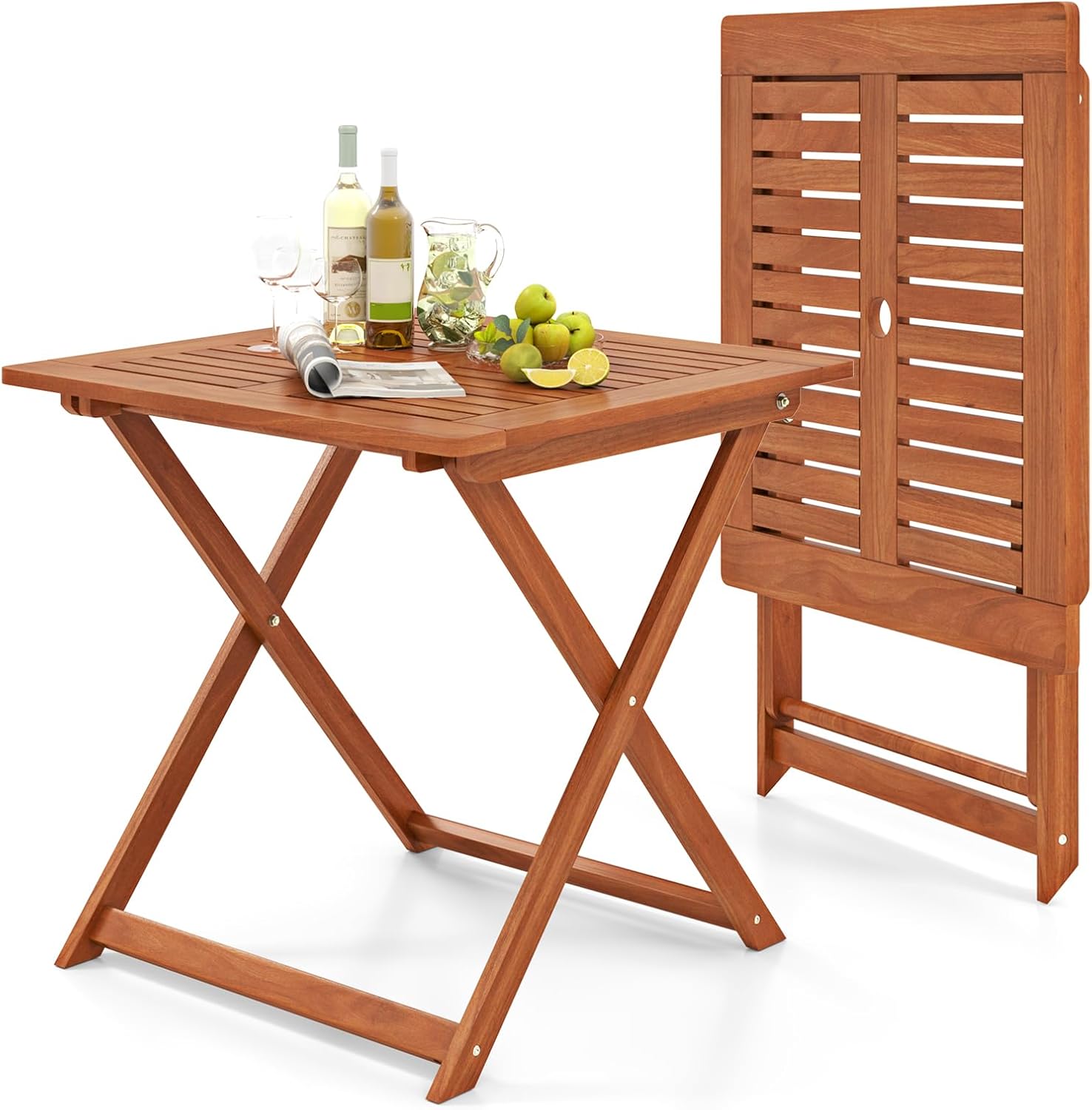 Byroce Outdoor Patio Table, 29.5” x 29.5” Folding Bistro Table with Slatted Tabletop & 2” Umbrella Hole, Solid Wood Outdoor Dining Table, Portable for Backyard, Poolside & Balcony (1, Square)