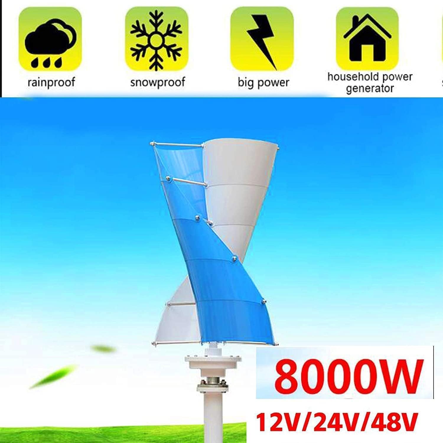 Vertical Spiral Wind Power Turbine Generator, 8000W Helix Magnetic Levitation Axis Wind Turbine 12V/24V/48V Wind Generator Power for Outdoor Garden Boat Hybrids Streetlight (12V)