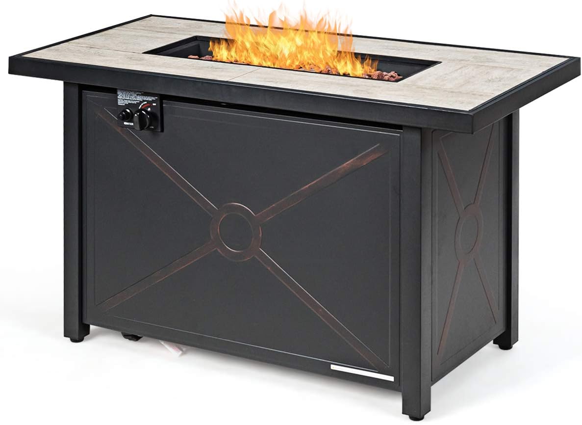 Giantex Gas Fire Pit Table w/Ceramic Tabletop, 42 Inch 60,000 BTU Rectangular Propane Fire Pit Table, Outdoor Electronic Ignition Propane Heater w/Table Cover, Waterproof Cover, Lava Rock