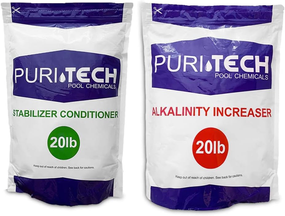 Puri Tech Chemicals 20 lb Alkalinity Increaser & 20 lb Stabilizer Conditioner Kit for Swimming Pools & Spas Balance Chemical Levels Keeps Surfaces & Water Clean