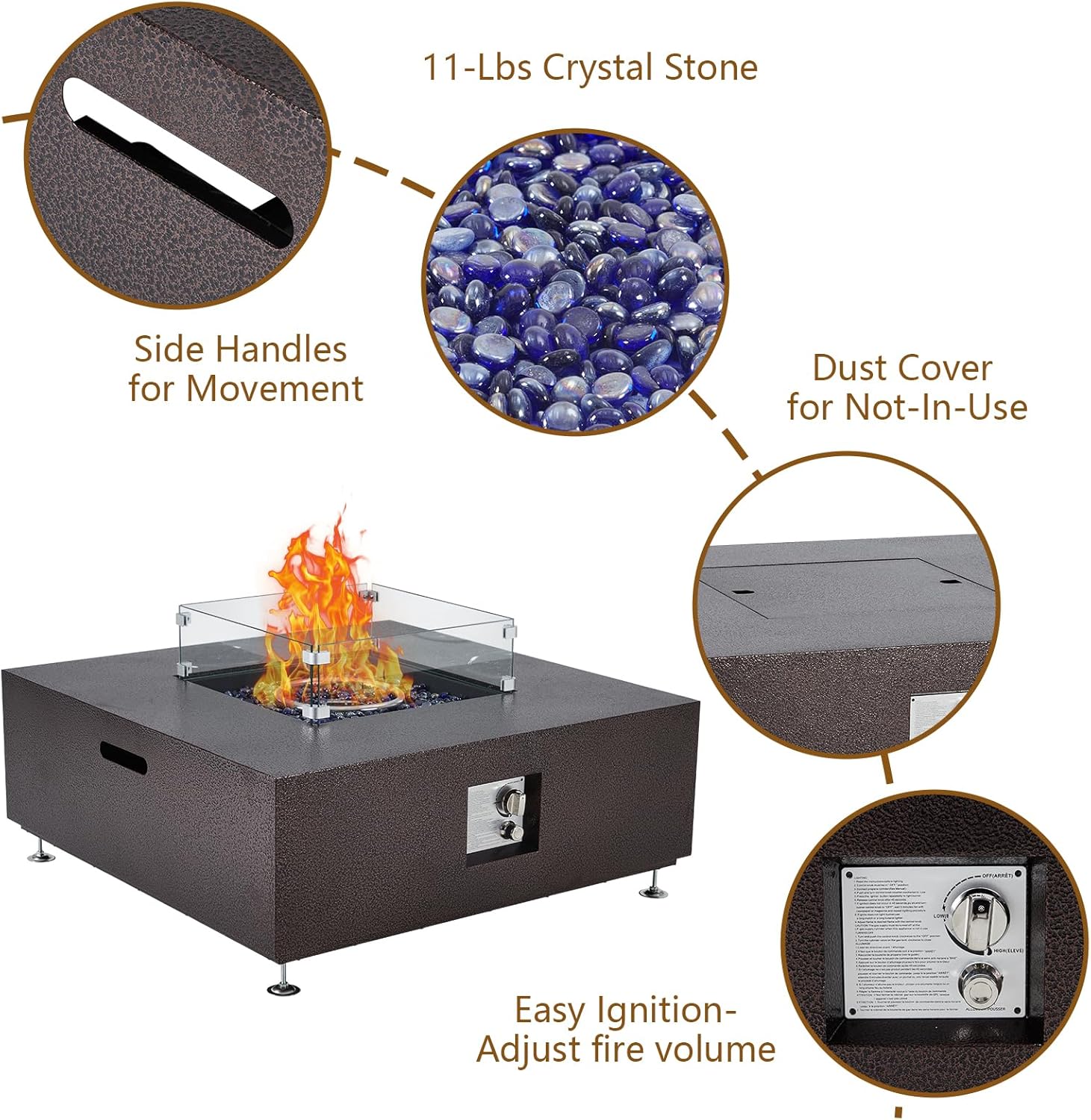 36 Inch Outdoor Propane Fire Pit Table, 50000BTU Steel Gas Firepit with Wind Guard, Add Warmth and Ambience to Parties On Outside Patio Deck Garden, CSA Safety Certified Glass Beads & Rain Cover